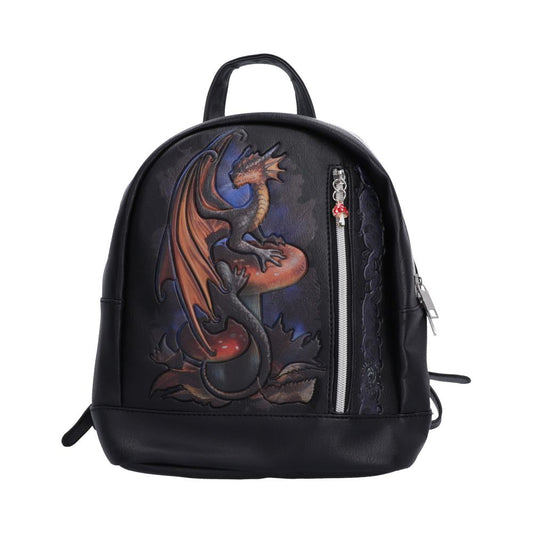 Anne Stokes Mushroom Dragon Backpack - Front view of embossed orange-winged dragon and red mushrooms