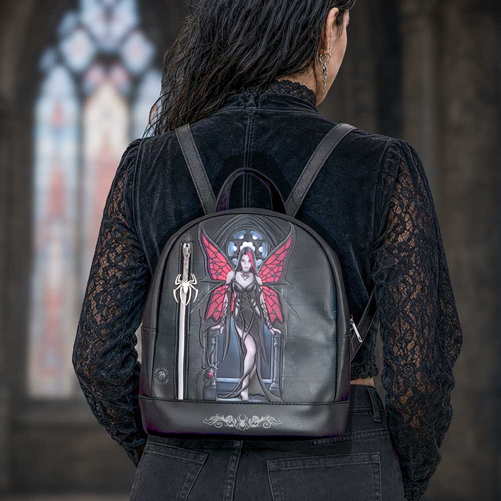 Anne Stokes Aracnafaria Backpack - Aracnafaria artwork backpack worn with a black lace outfit