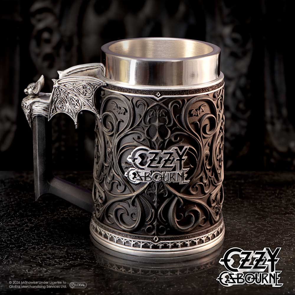 Ozzy Osbourne Prince of Darkness Tankard - Black and silver Ozzy tankard on a dark tabletop