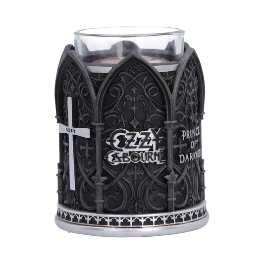 Ozzy Osbourne Prince of Darkness Tea Light Holder - Front view of gothic arches and Ozzy logo around tea light cup