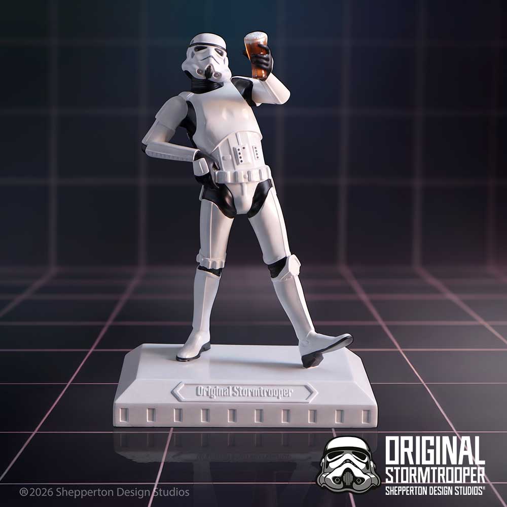 Stormtrooper Raise a Glass Figurine - Celebrating trooper displayed against a dark geometric background