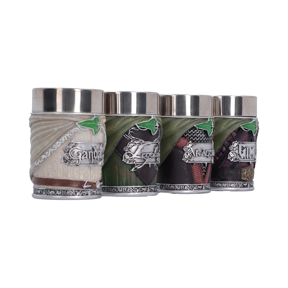 Lord of the Rings Fellowship Mini Cup Set - Side view of Gandalf Legolas Aragorn and Gimli cup designs