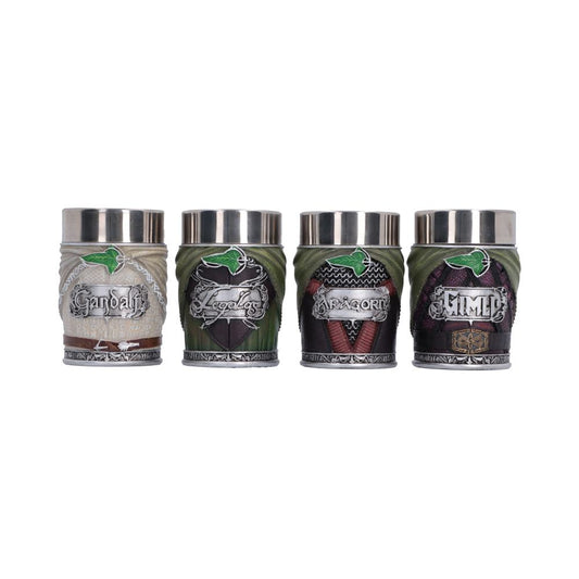 Lord of the Rings Fellowship Mini Cup Set - Front view of four character cups with green leaf brooches
