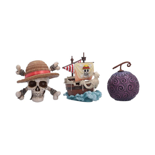 One Piece First Voyage Mini Figurines Set - front arrangement of Jolly Roger, Going Merry and Devil Fruit