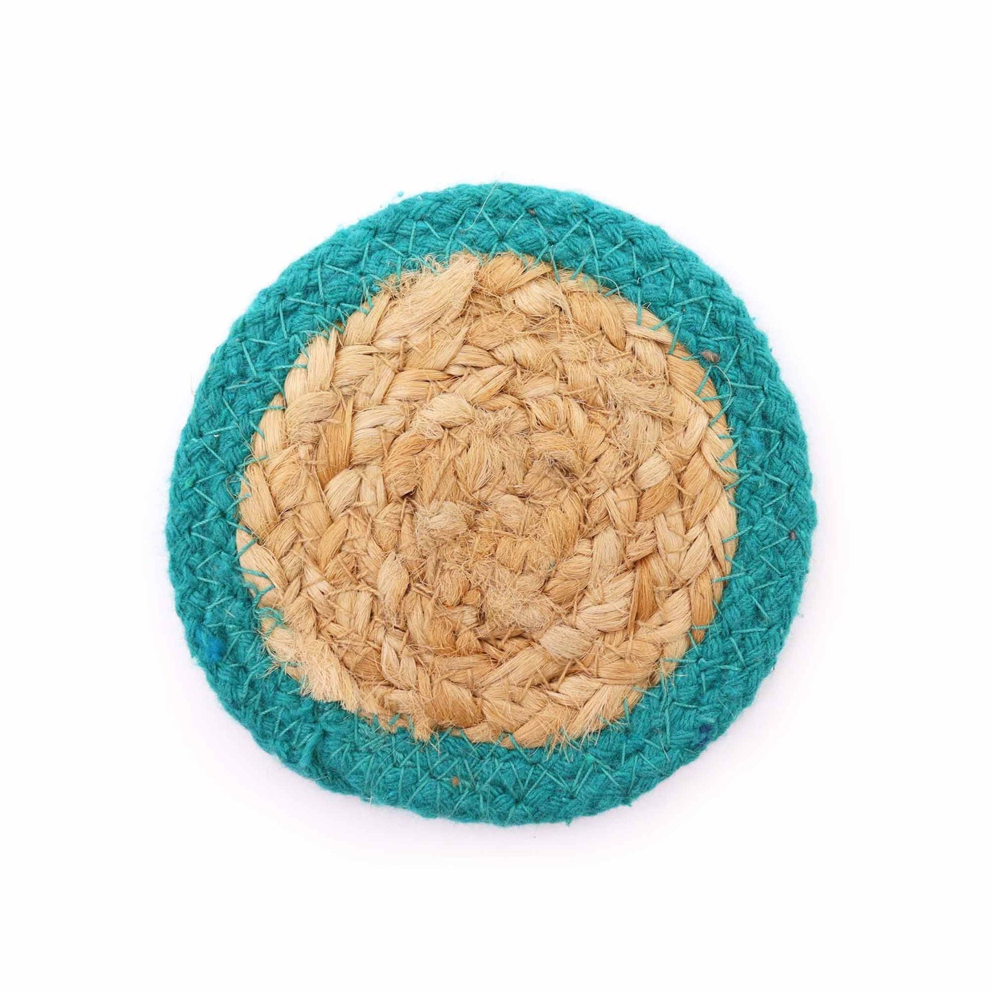 natural jute cotton coasters set of 4 teal border woven tableware
