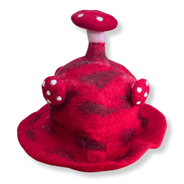 Felted Mushroom Hat in rush to the head red felted wool with rounded silhouette