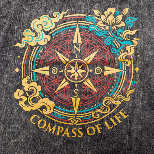 Nomad Sari Stonewashed Cotton T-Shirt - Compass of Life - Charcoal - XL