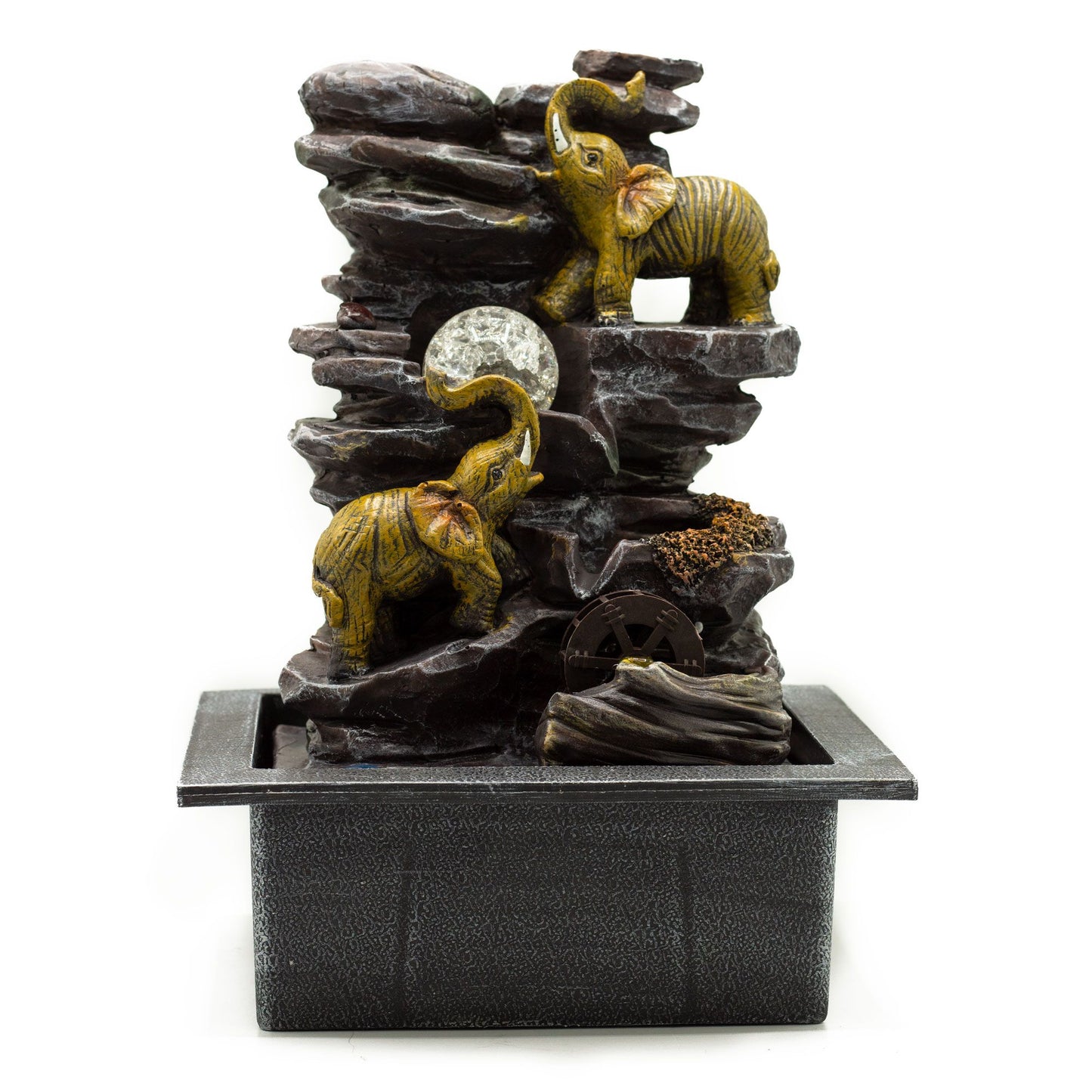 Elephants tabletop water feature with crystal ball light and water wheel