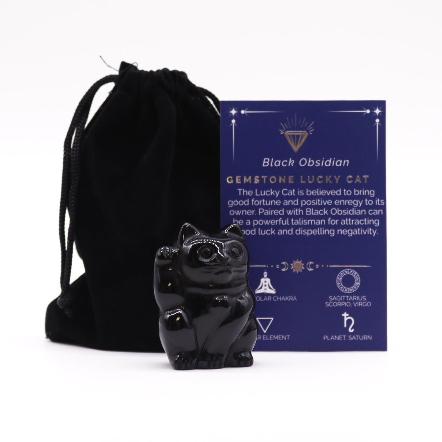 Gemstone Lucky Cat – hand-carved black obsidian crystal cat figurine for protection, grounding and good luck décor