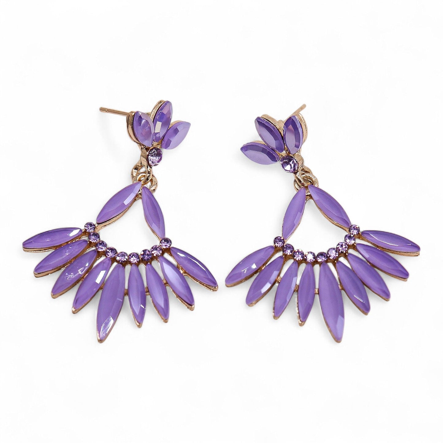 Lavender vintage glass long-drop earrings, lightweight boho jewellery UK.