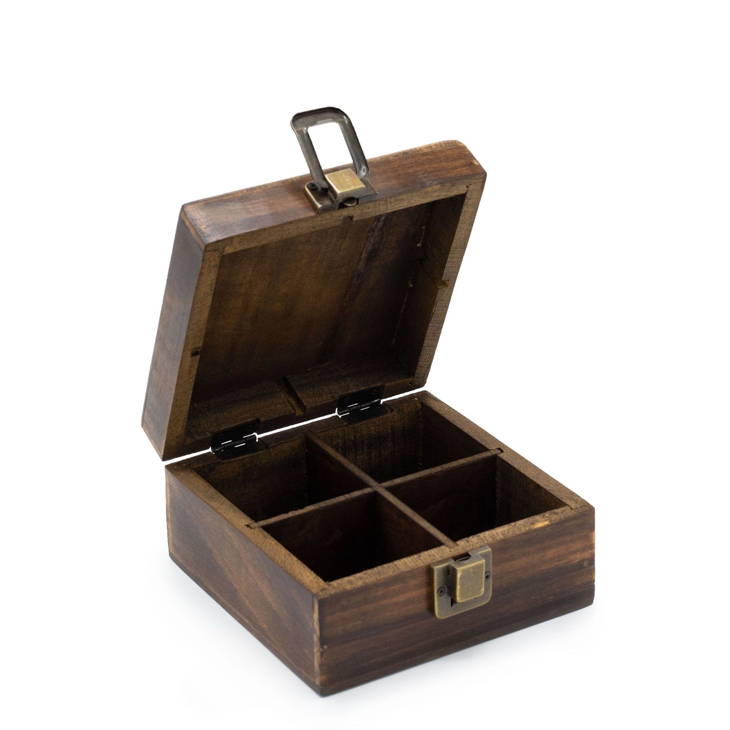 Carved Tea Box Small mango wood tea storage box with 4 compartments and brass clasp