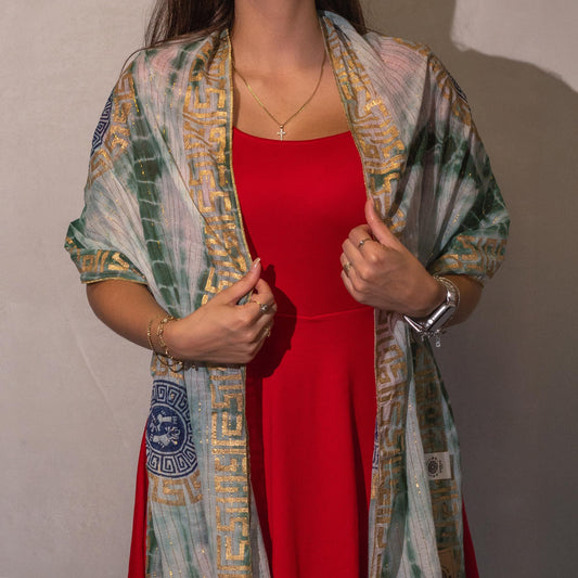 Nomad Sari Summer Marbella Print Scarf green with gold lightweight woven scarf