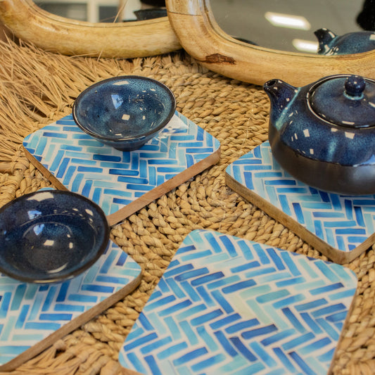 Set of 4 Square Coasters - Blue Stripes