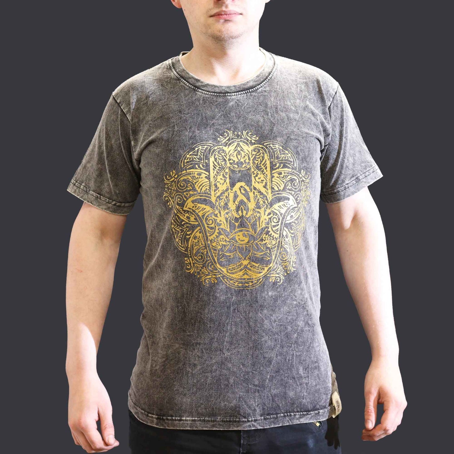 Small stone washed dark grey Hamsa spiritual t-shirt