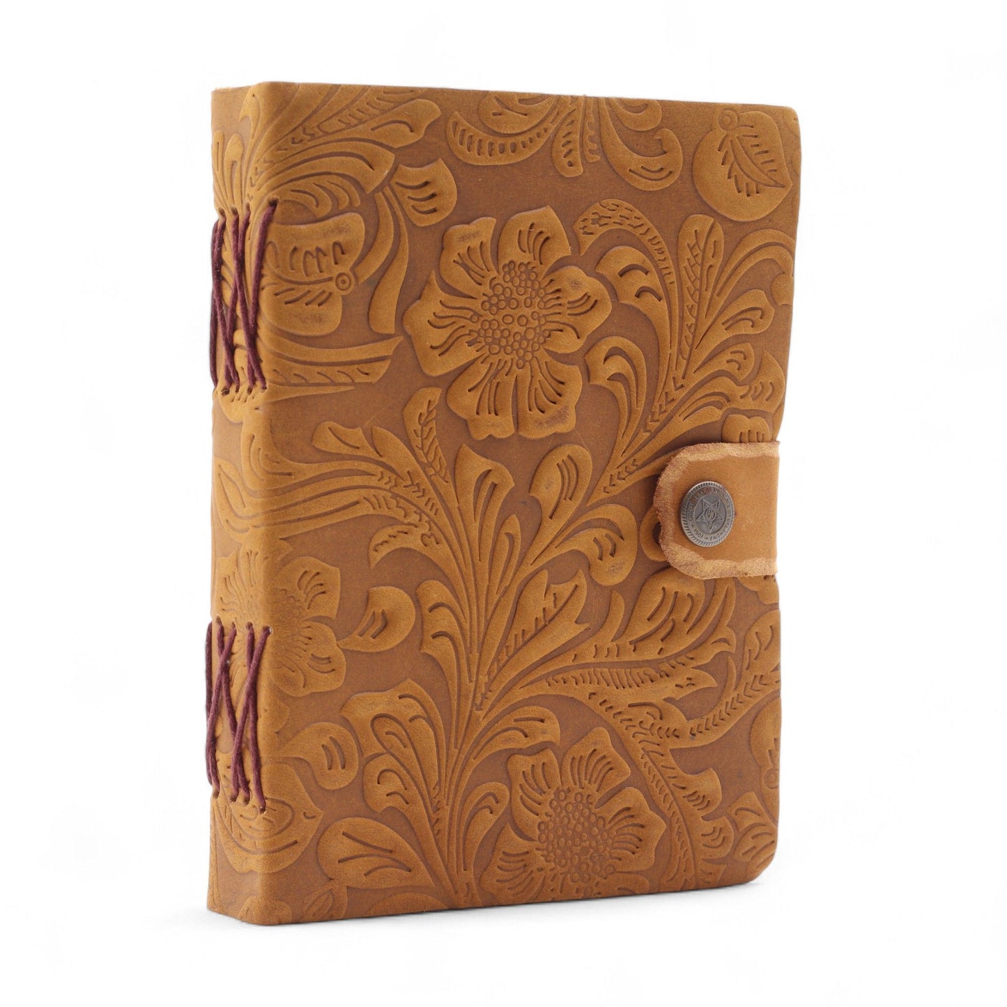 Tan Floral Leather Notebook Medium – embossed leather journal with snap closure and plain pages