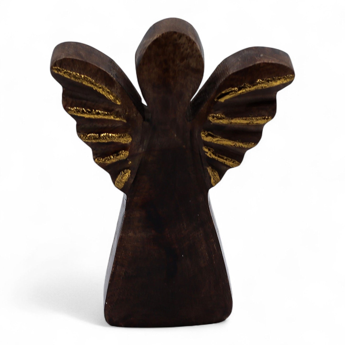 Wooden angel figure stands facing forward displaying carved outstretched wings highlighted with gold leaf against a plain white background suggesting studio lighting.