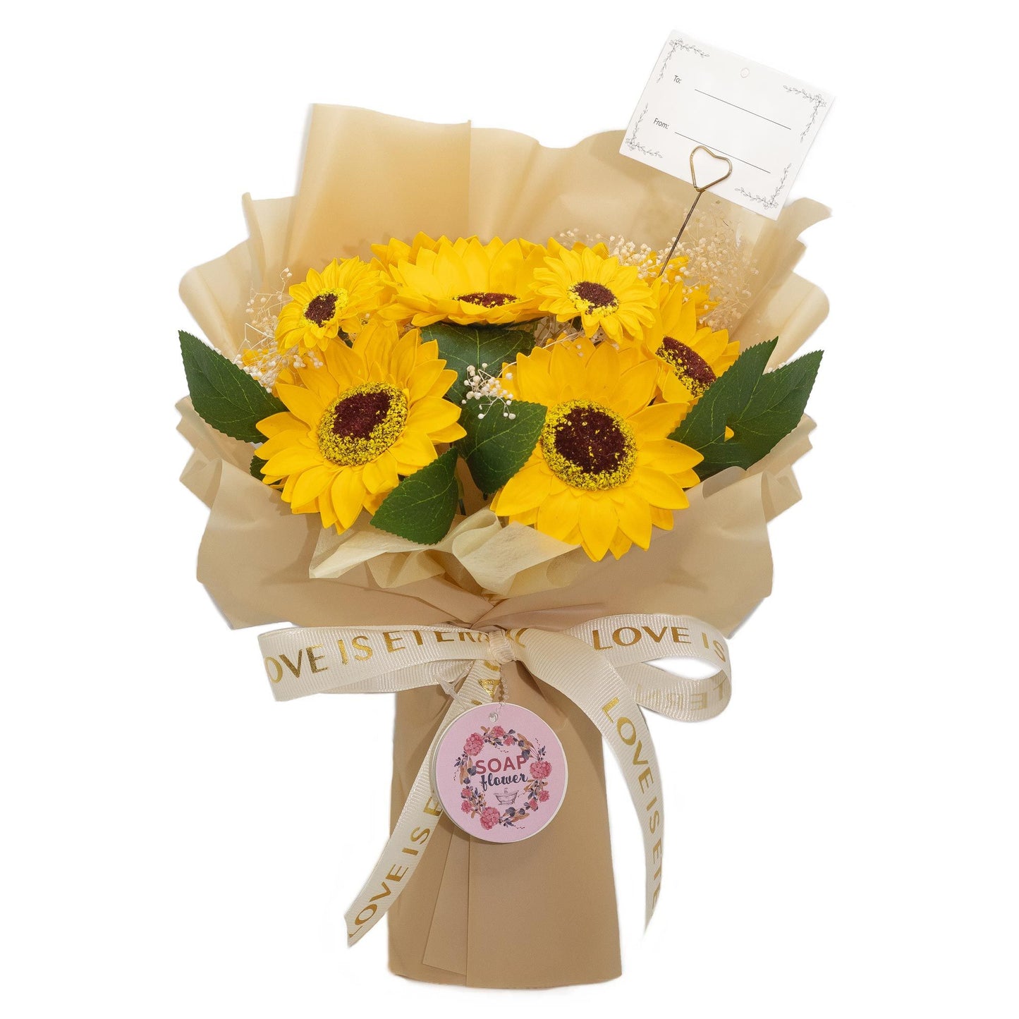 large sunflower soap bouquet with Love is Eternal ribbon and gift card holder