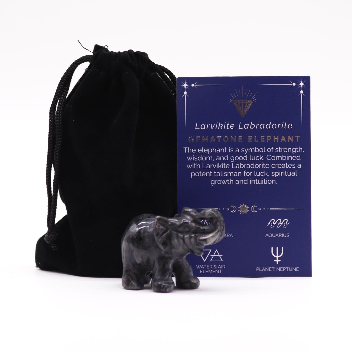 Gemstone Lucky Elephant – hand-carved larvikite labradorite crystal elephant figurine for luck, grounding and protection