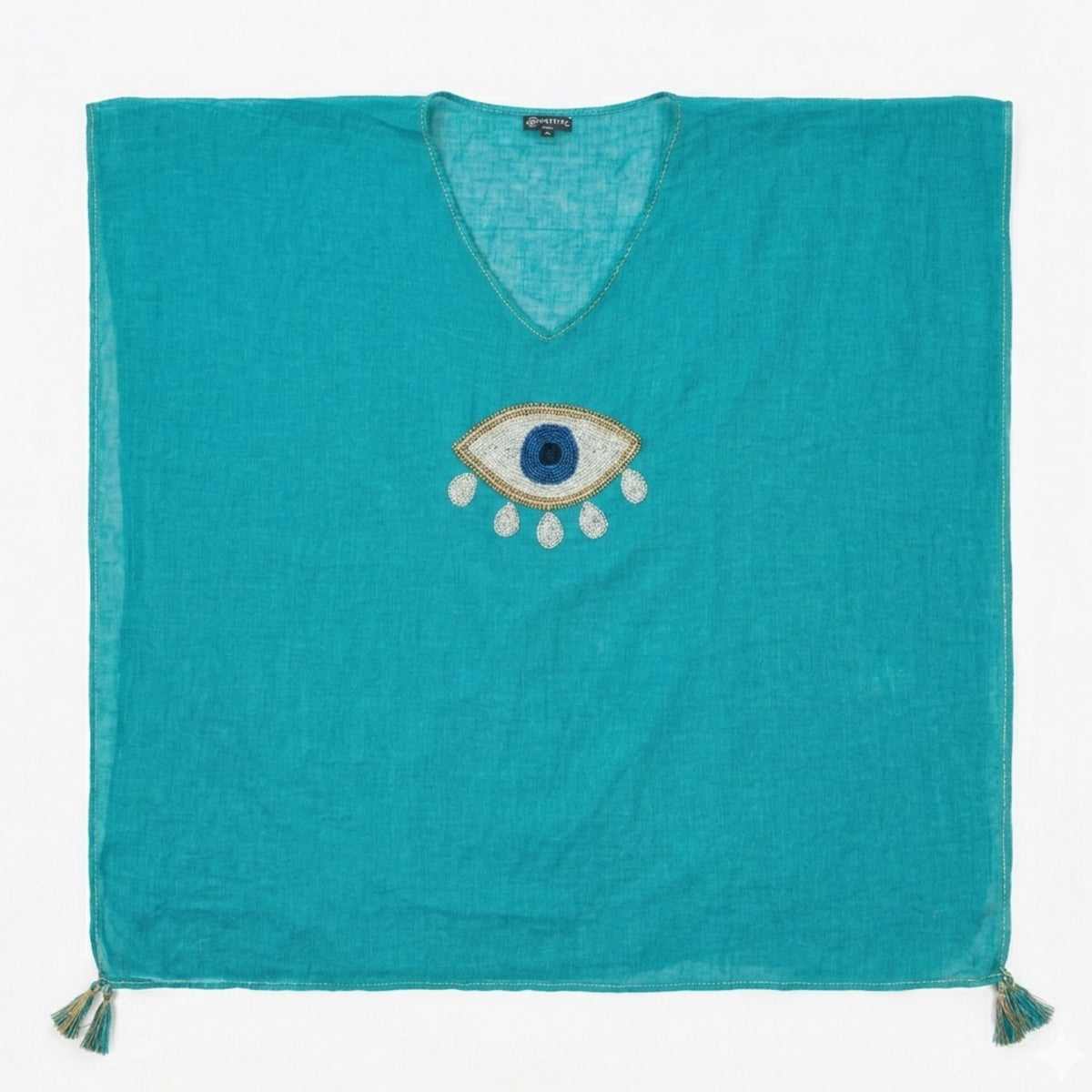 Nomad Sari On the Med Collection - Kaftan - Turquoise with Gold & White Large Evil Eye