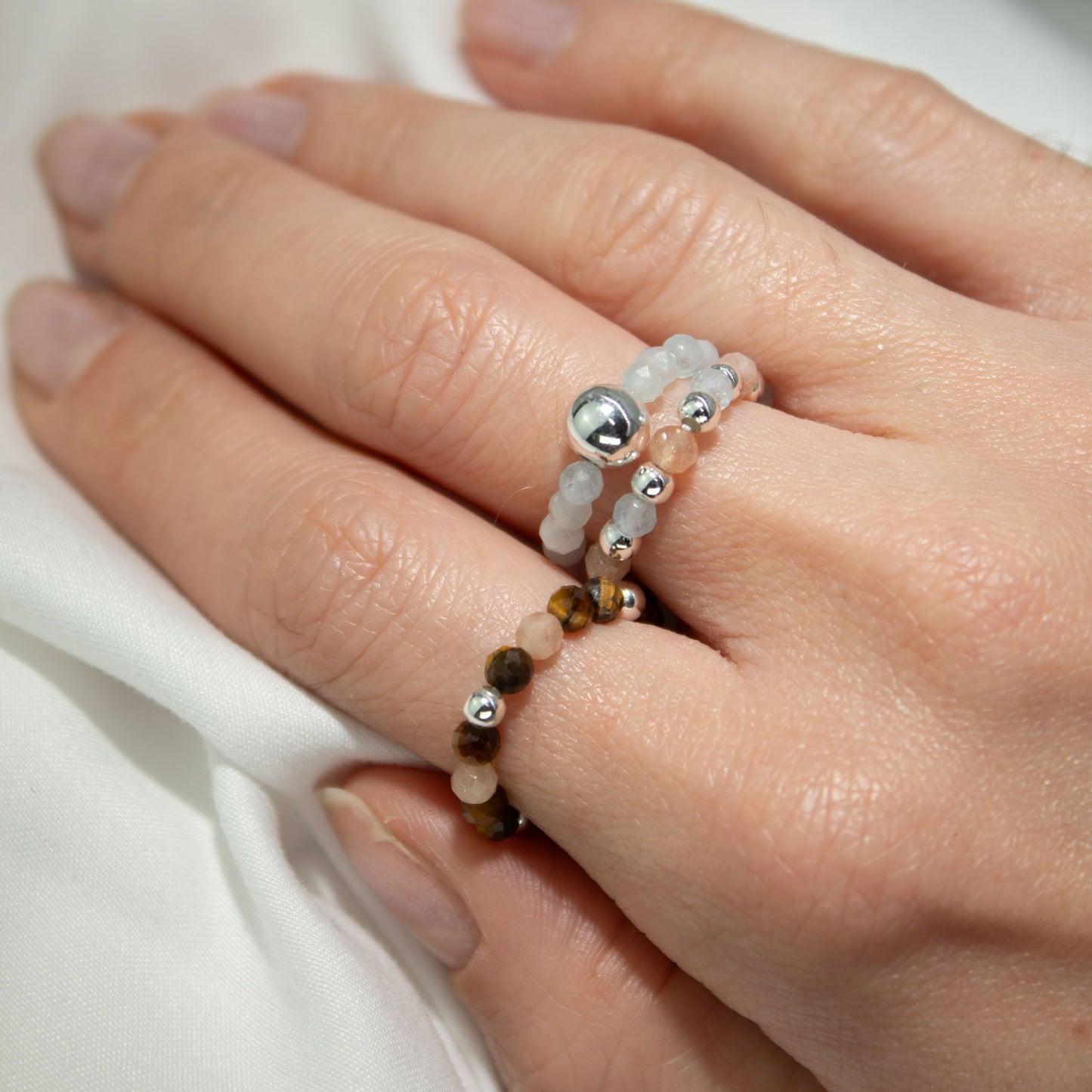 Nymph Spirit Sea Sunset gemstone ring set – elasticated stacking rings with aquamarine, tiger’s eye and sunstone