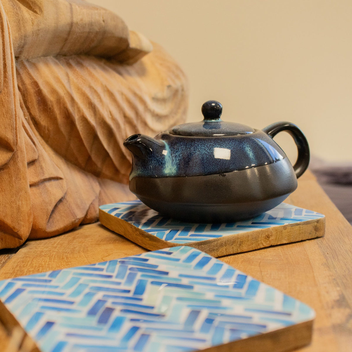 Set of 4 Square Coasters - Blue Stripes