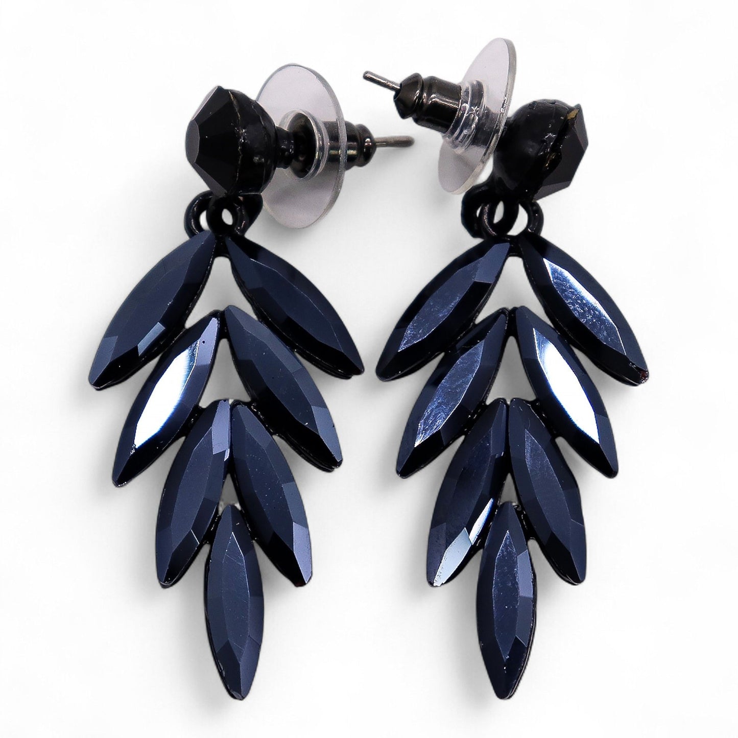 Jet black vintage glass long-drop earrings, lightweight boho jewellery UK