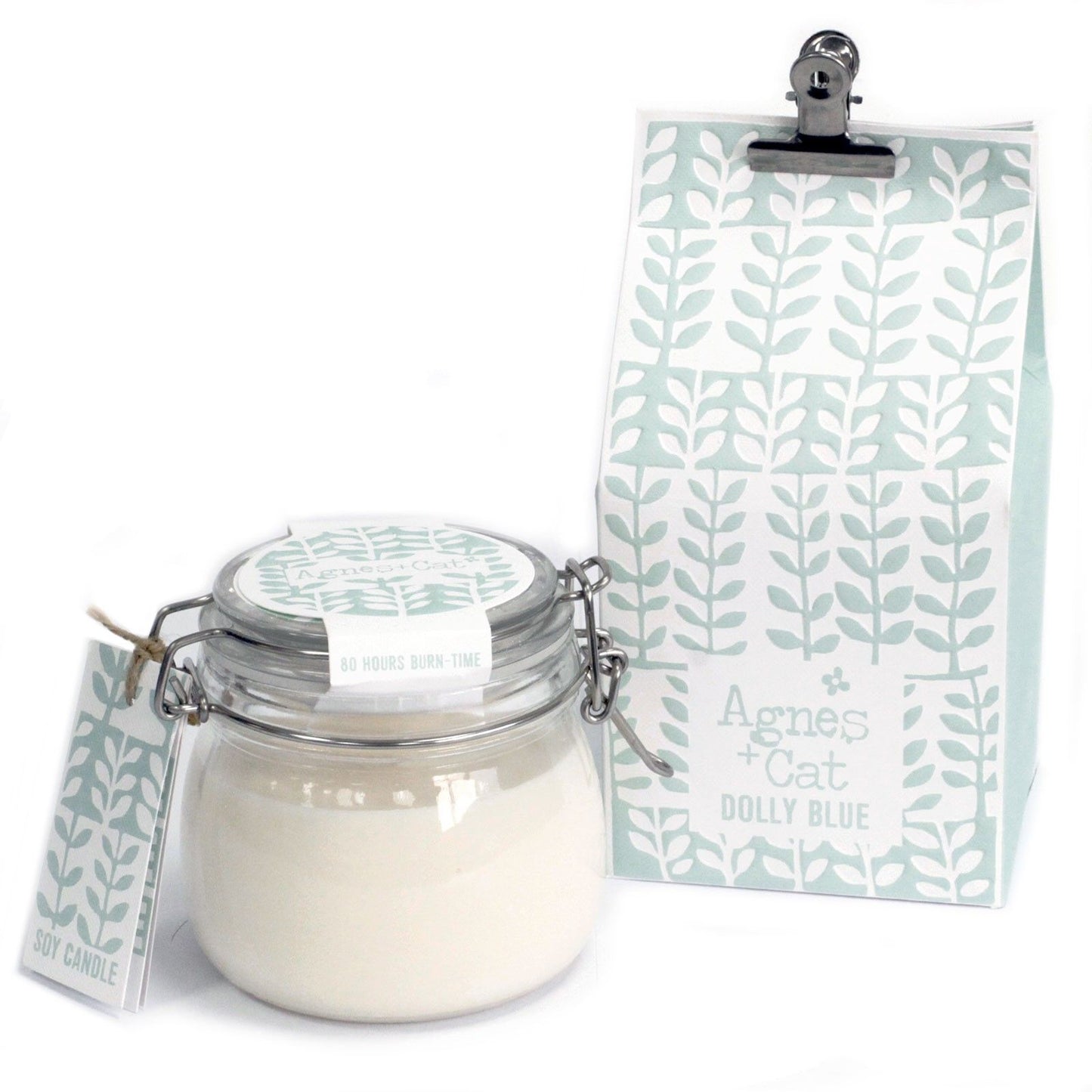 Agnes + Cat Dolly Blue Kilner Jar Soy Candle – soft powdery floral candle in glass jar