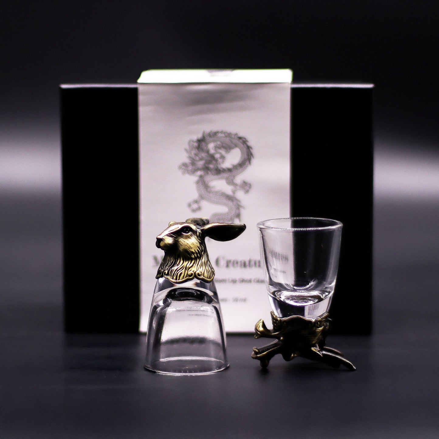 set of 6 mystical creature shot glasses 50ml with antique bronze sculpted bases