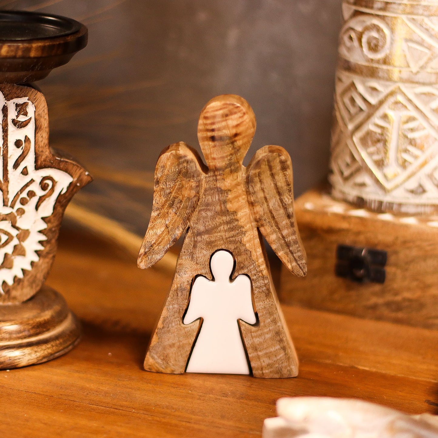 Mango Wood Angel in Angel - Protection