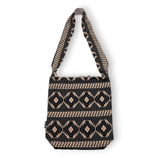 Desert Loom Nomad Carryall shoulder bag in natural cotton-viscose jacquard with warm woven geometric pattern
