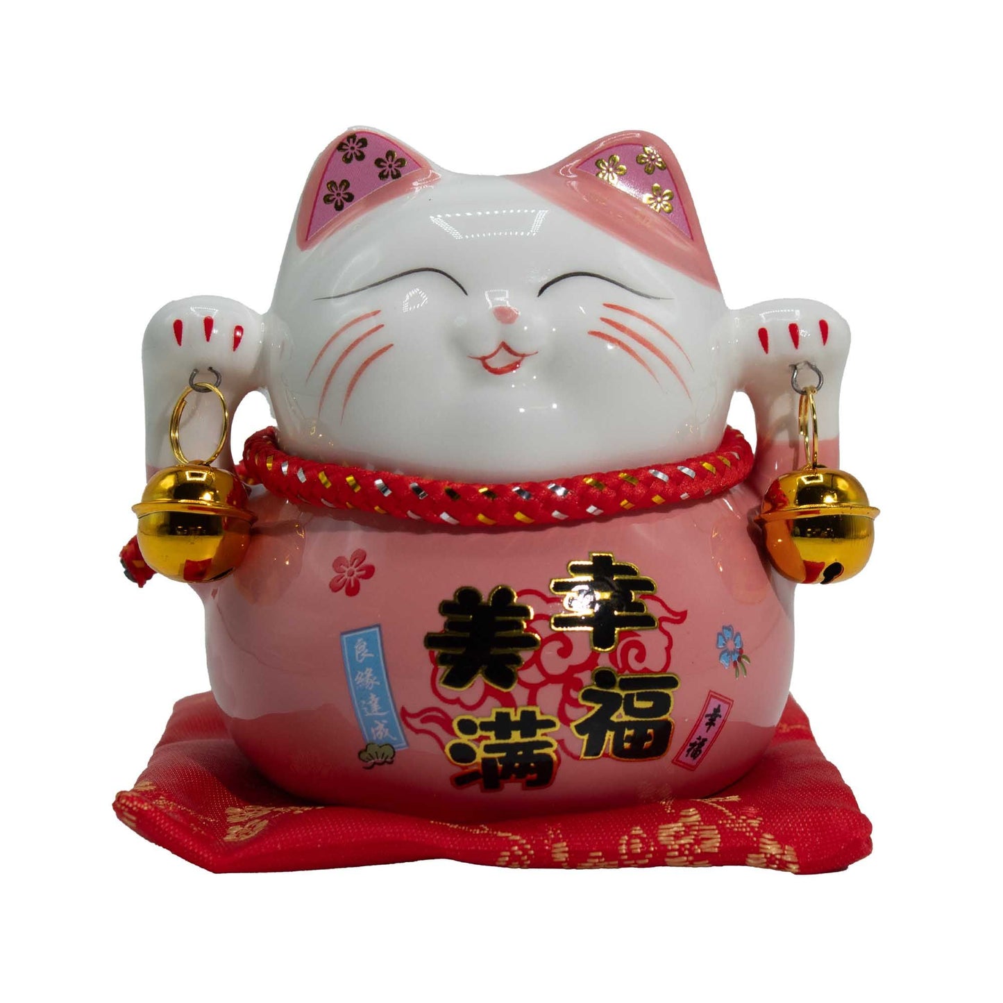 Ceramic money cat bank pink on cushion Maneki Neko for love and gentle prosperity