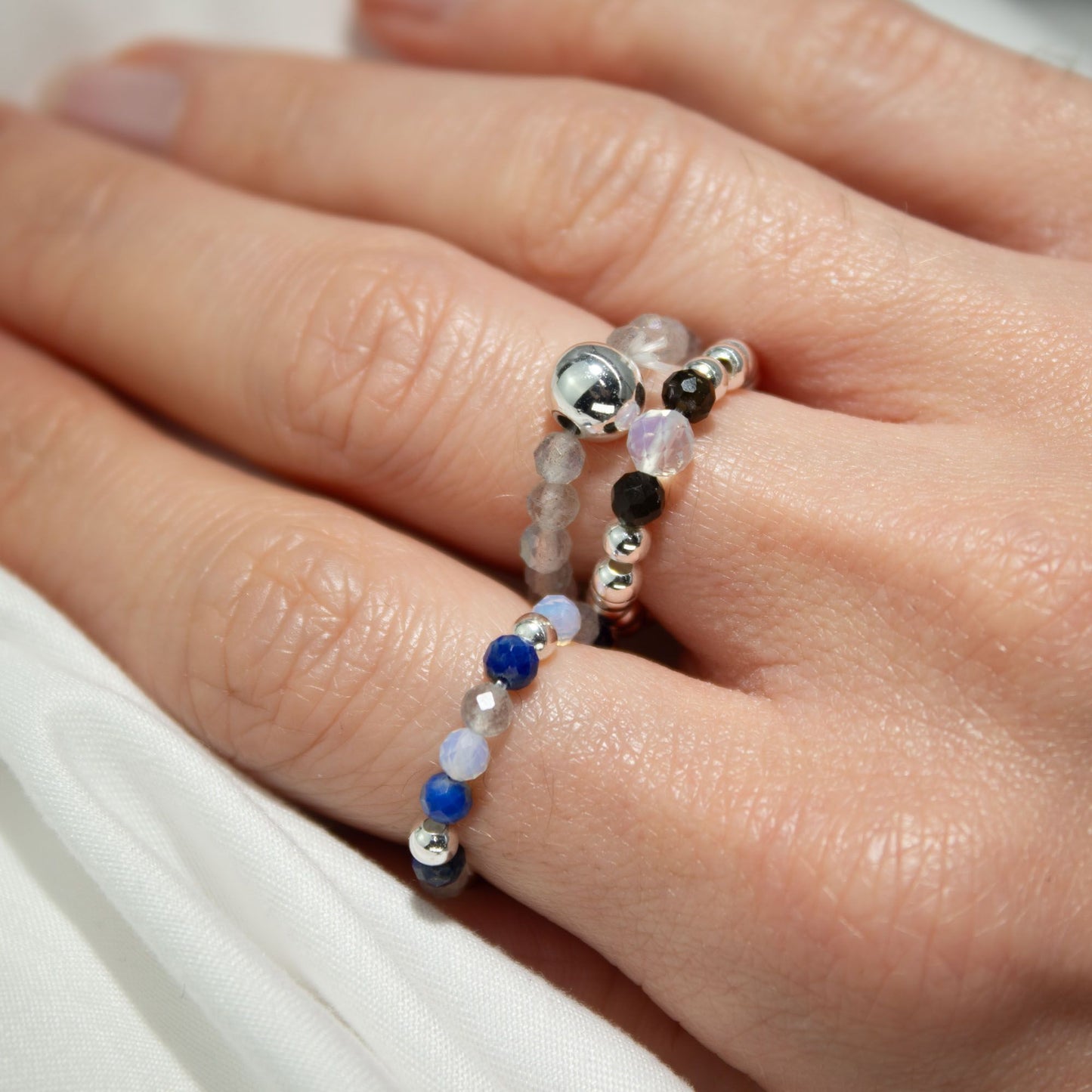 Northern Lights gemstone ring set – elasticated labradorite, amazonite and fluorite rings