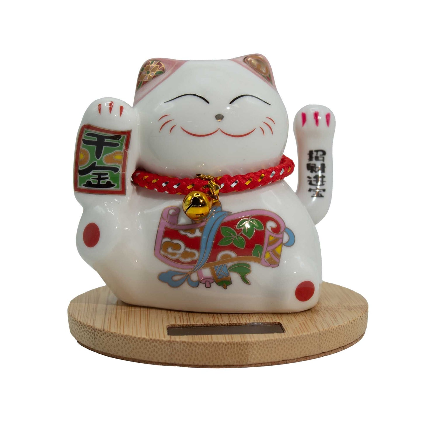 Solar money cat wooden base pink Maneki Neko moving hand for luck and gentle prosperity