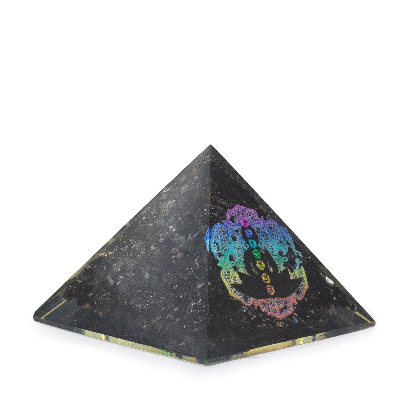 Small Chakra Buddha orgonite pyramid with black tourmaline chips in handcrafted resin, 5.5 × 4.5cm.