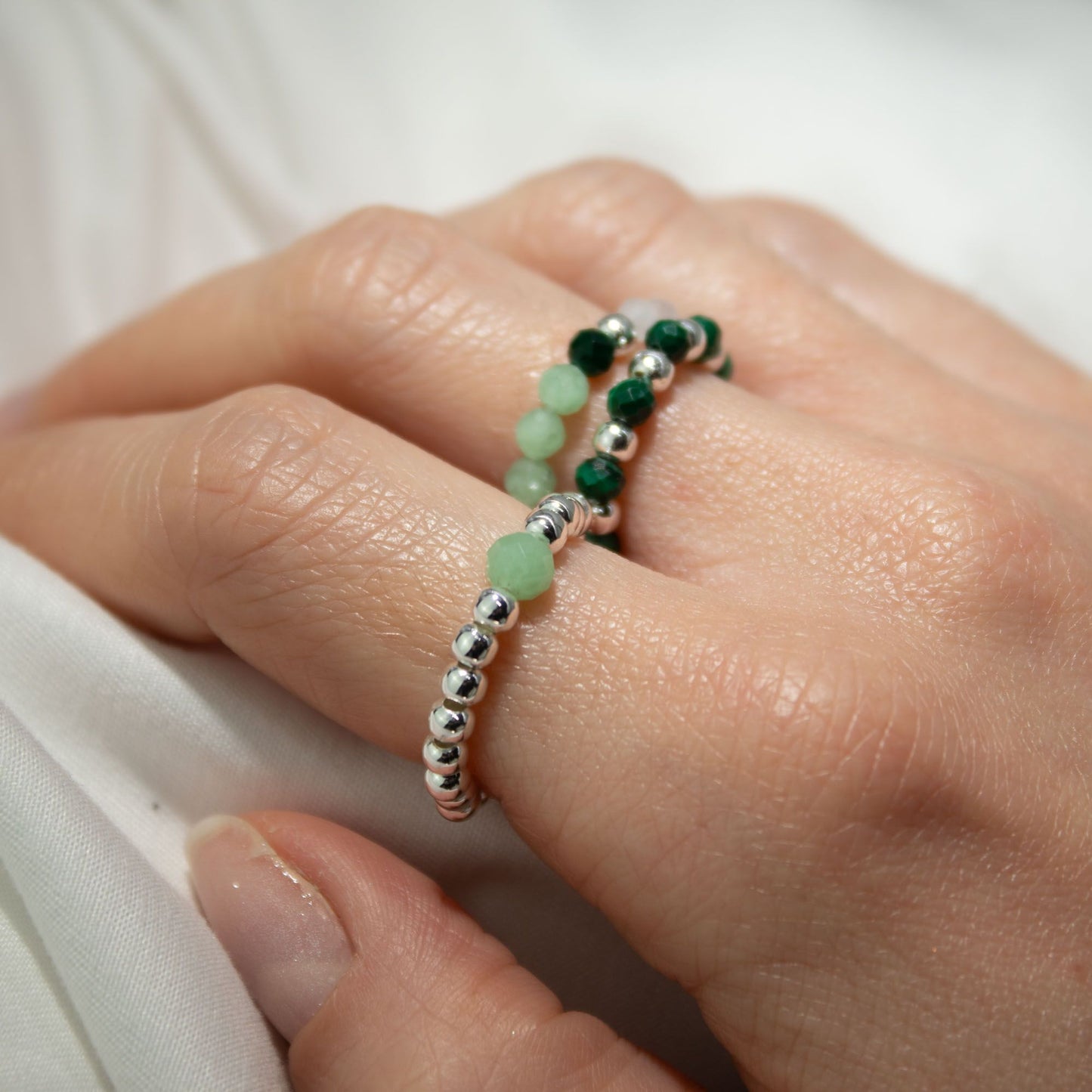 Forest Spirit gemstone ring set – elasticated moss agate, aventurine and smoky quartz rings