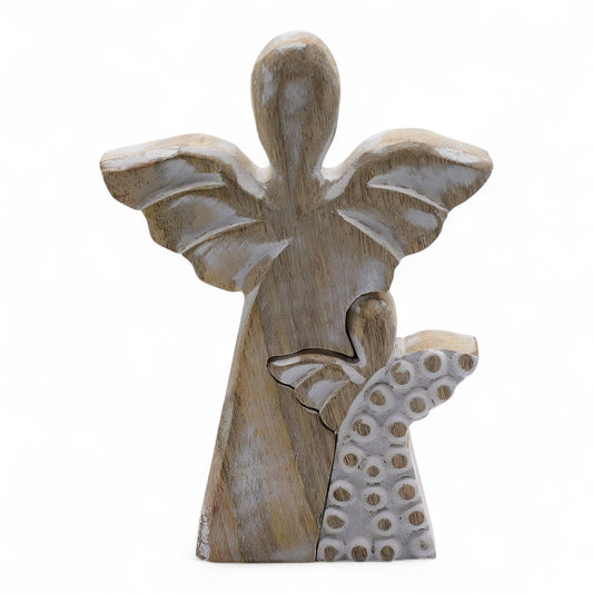 Mango Wood Angel in Angel - Whitewash