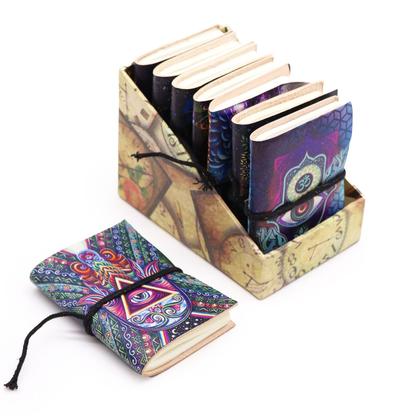 Esoteric Leather Notebook 7x10cm – small embossed leather journal with assorted mystical designs