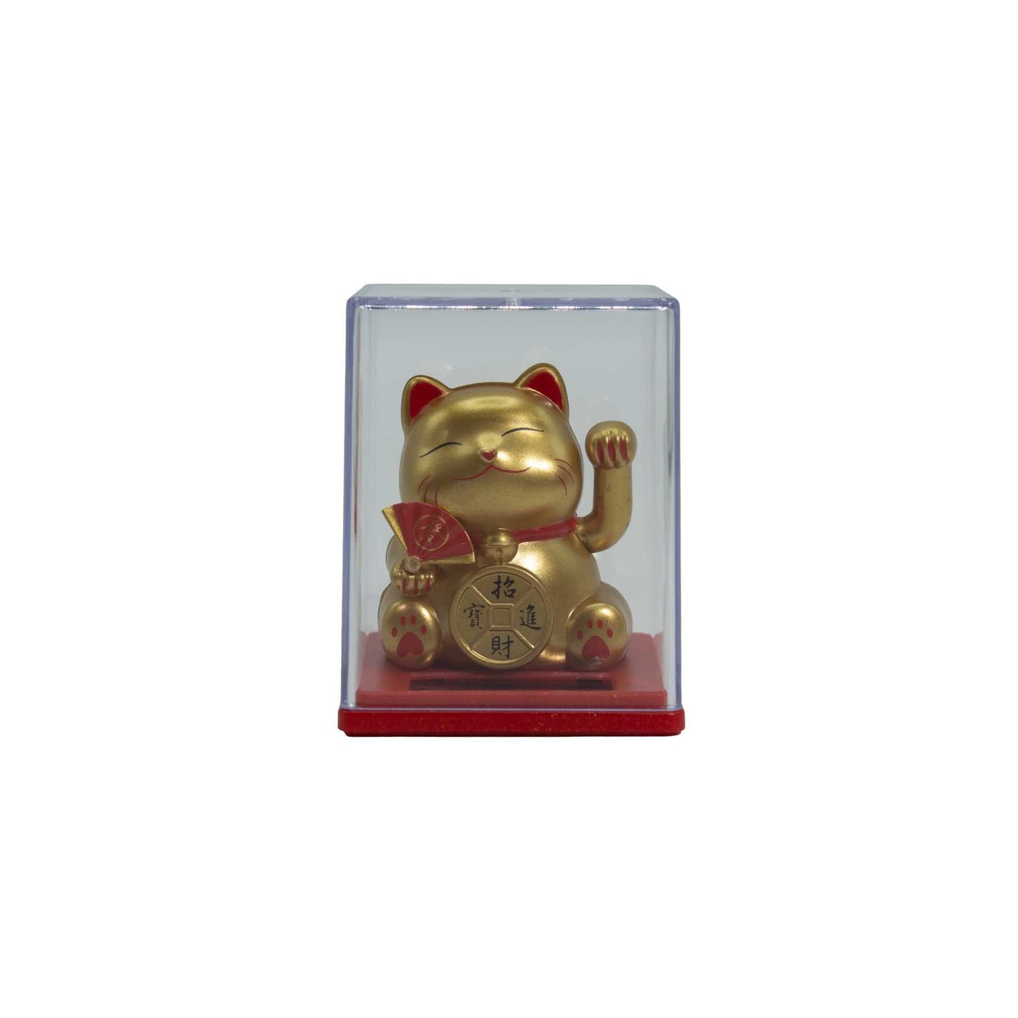 Mini solar powered money cat gold Maneki Neko waving for wealth and positive energy