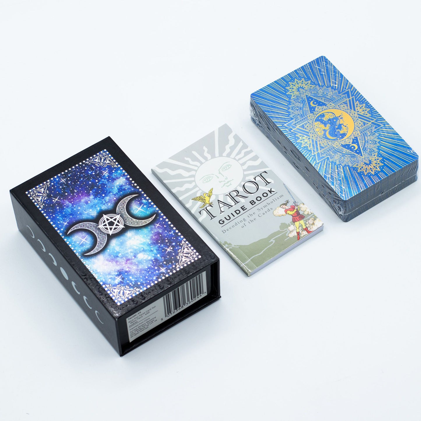 Blue Foil Tarot Card Set – Moon Face with Booklet – 78-card celestial tarot deck with shimmering blue foil, guidebook and luxury gift box