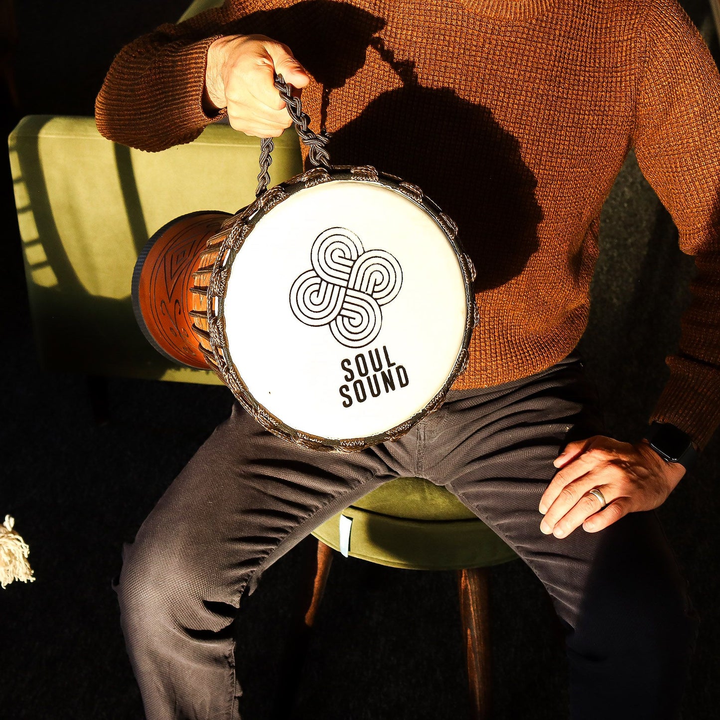 Pro Djembe Drum Soul Sound low 50 cm wooden hand-drum with natural skin head and carved shell for deep bass and world percussion.