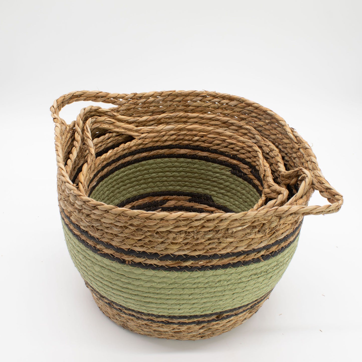 Cotton & seagrass large baskets natural, black & green – woven eco-friendly storage baskets for boho home organisation