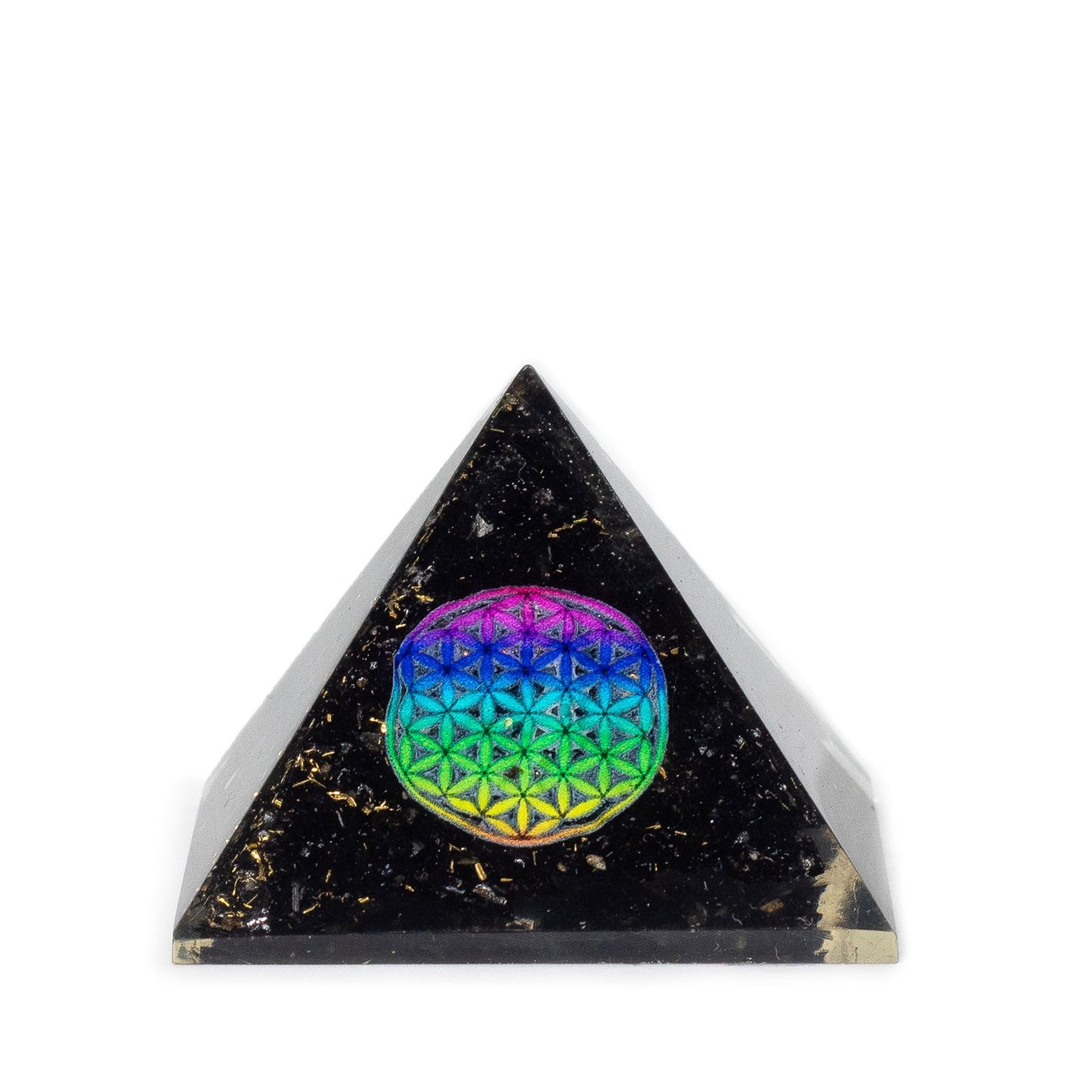 Small Flower of Life orgonite pyramid with black tourmaline chips in handcrafted resin, 5.5 × 4.5cm.