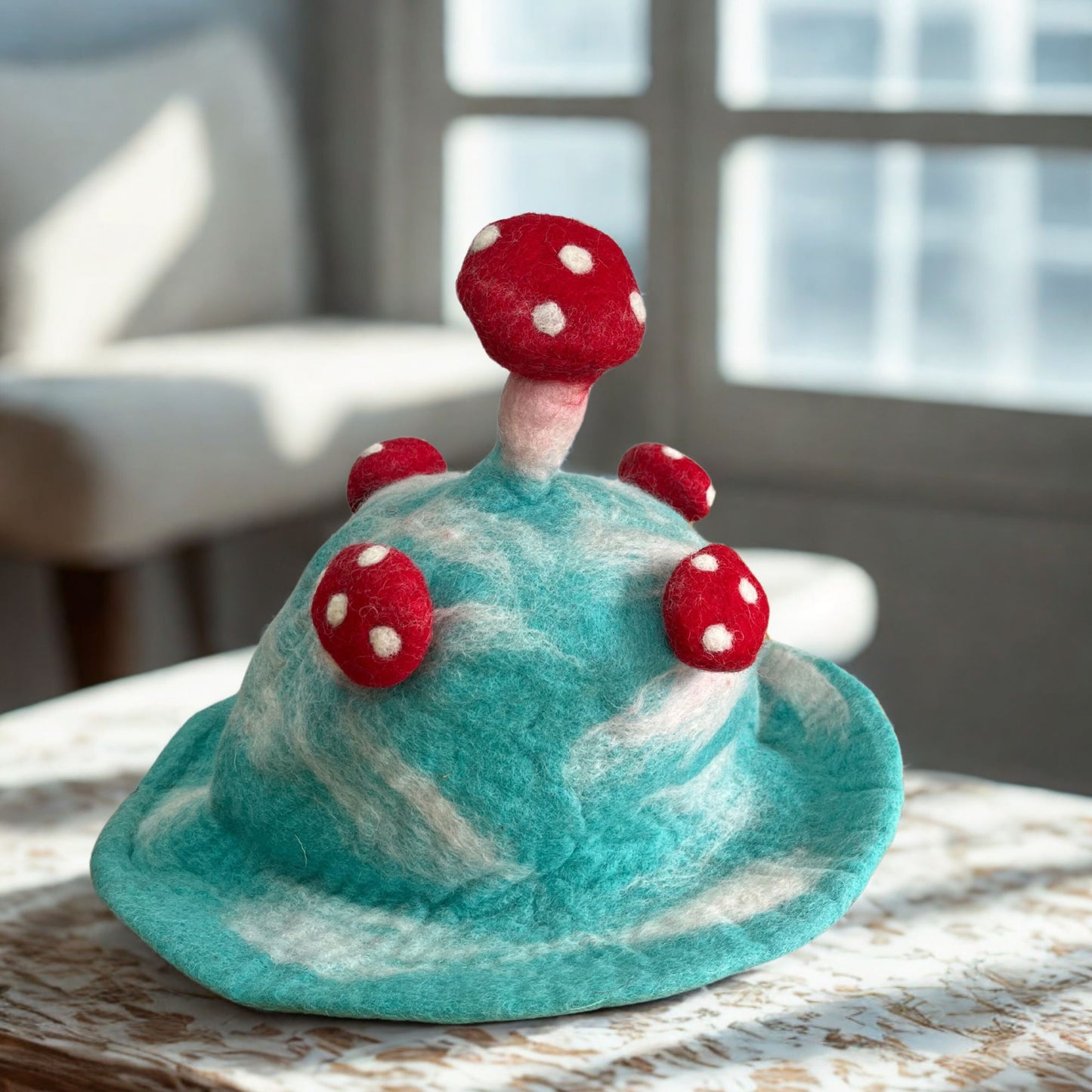 Felted Mushroom Hat – Lost in a Sky Blue felted wool with rounded silhouette