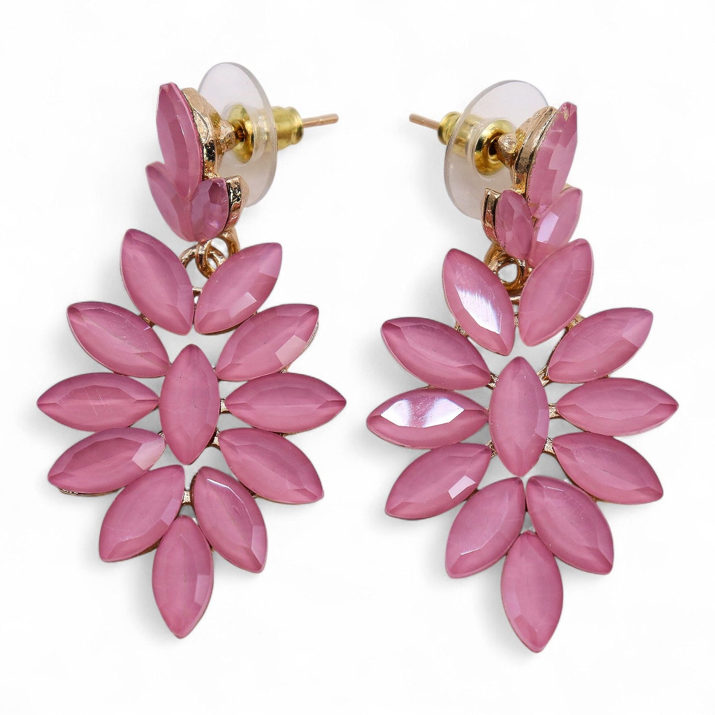 Soft pink vintage glass long-drop earrings, lightweight boho jewellery UK