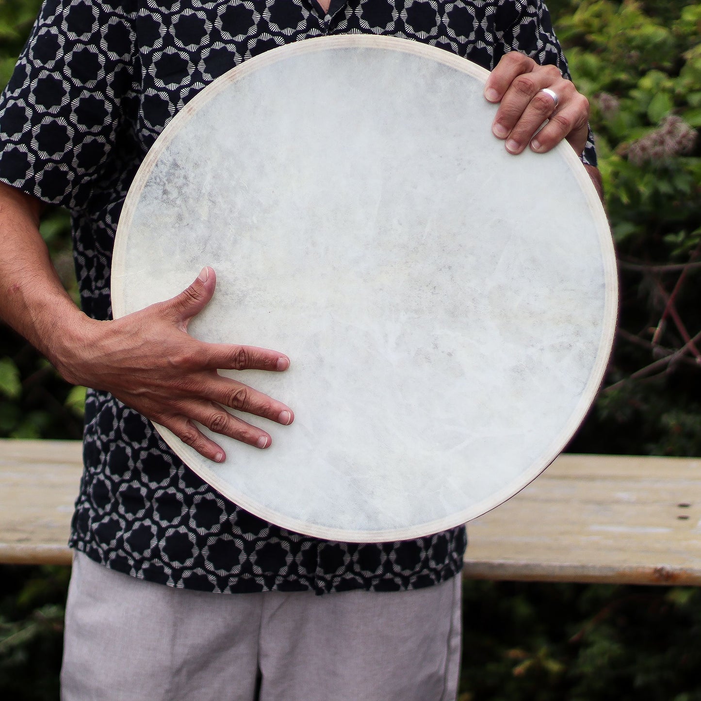 Shaman Sound Healing Ocean Drum Large 45 cm — wooden frame wave-drum producing ocean-like soothing wave sounds for meditation and sound healing.