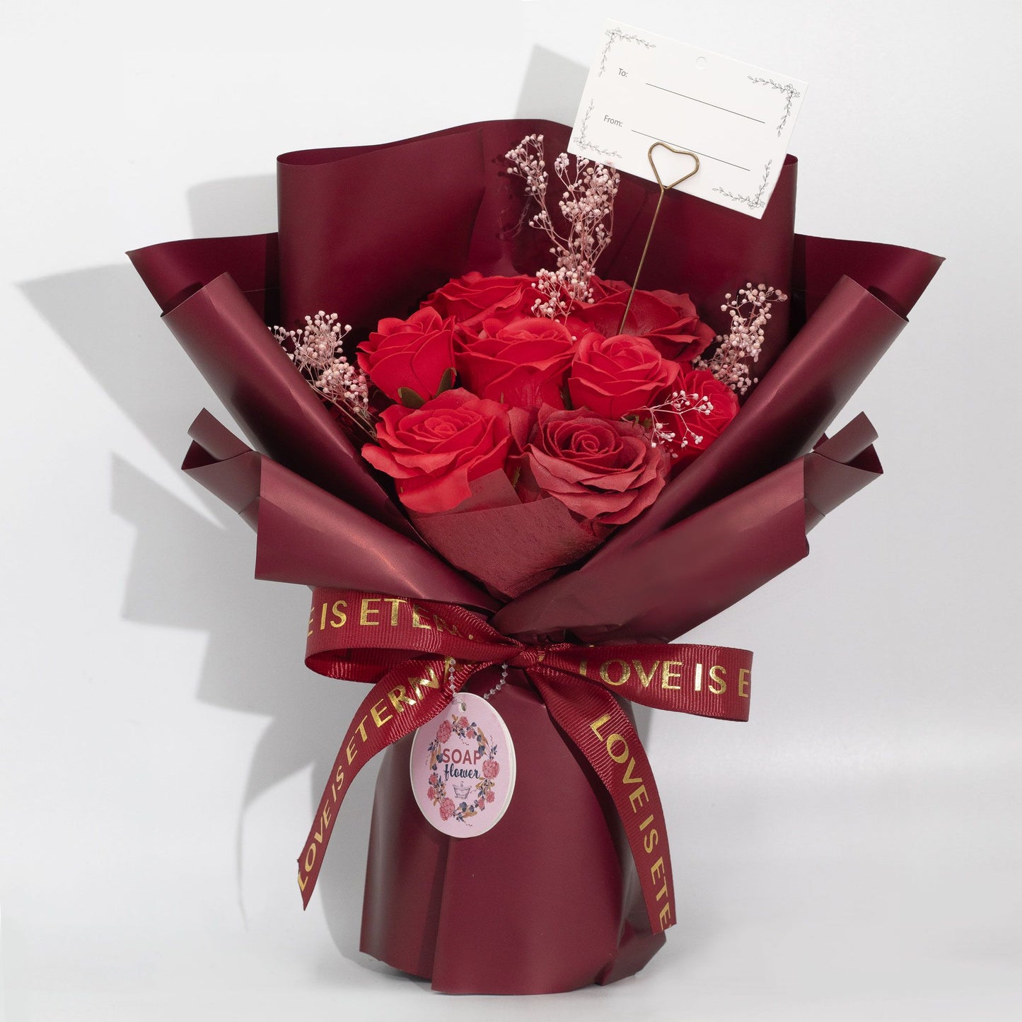large red rose soap bouquet with Love is Eternal ribbon and gift card holder
