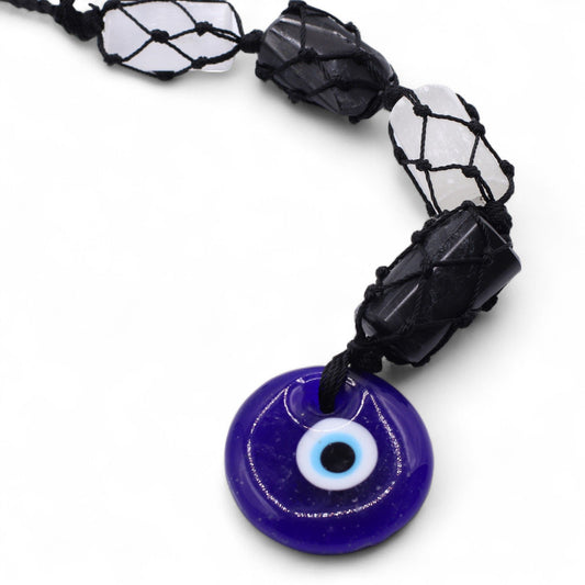 Hanging Stone Pendant - Black Tourmaline & Selenite Tumble- Evil Eye