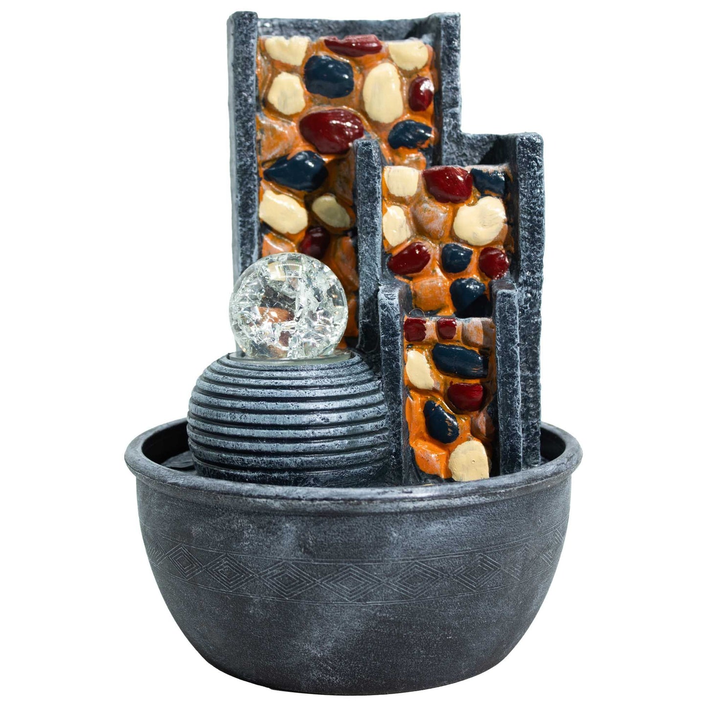 Pebble wall tabletop water feature with crystal ball and flowing water