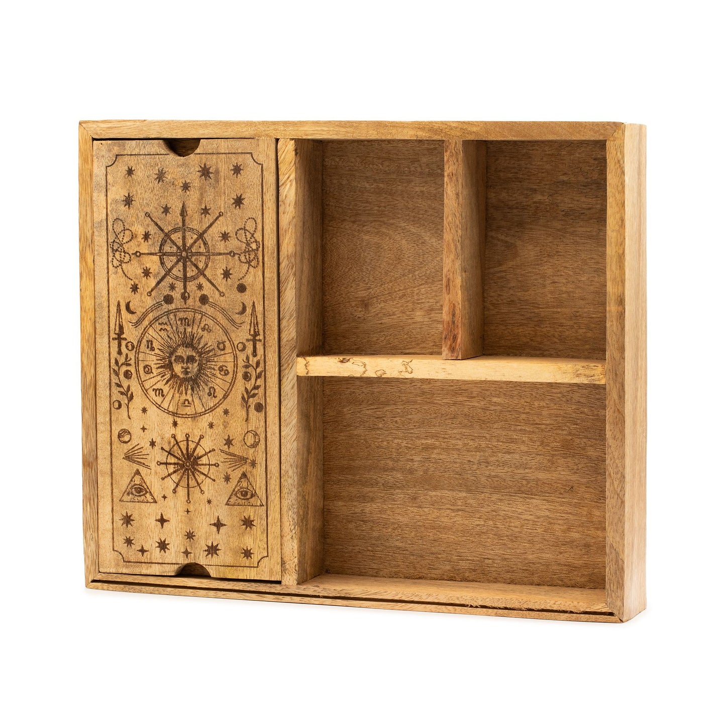 Four Section Tarot Box with Card Holder – mango wood tarot organiser with four sections and built-in upright card display