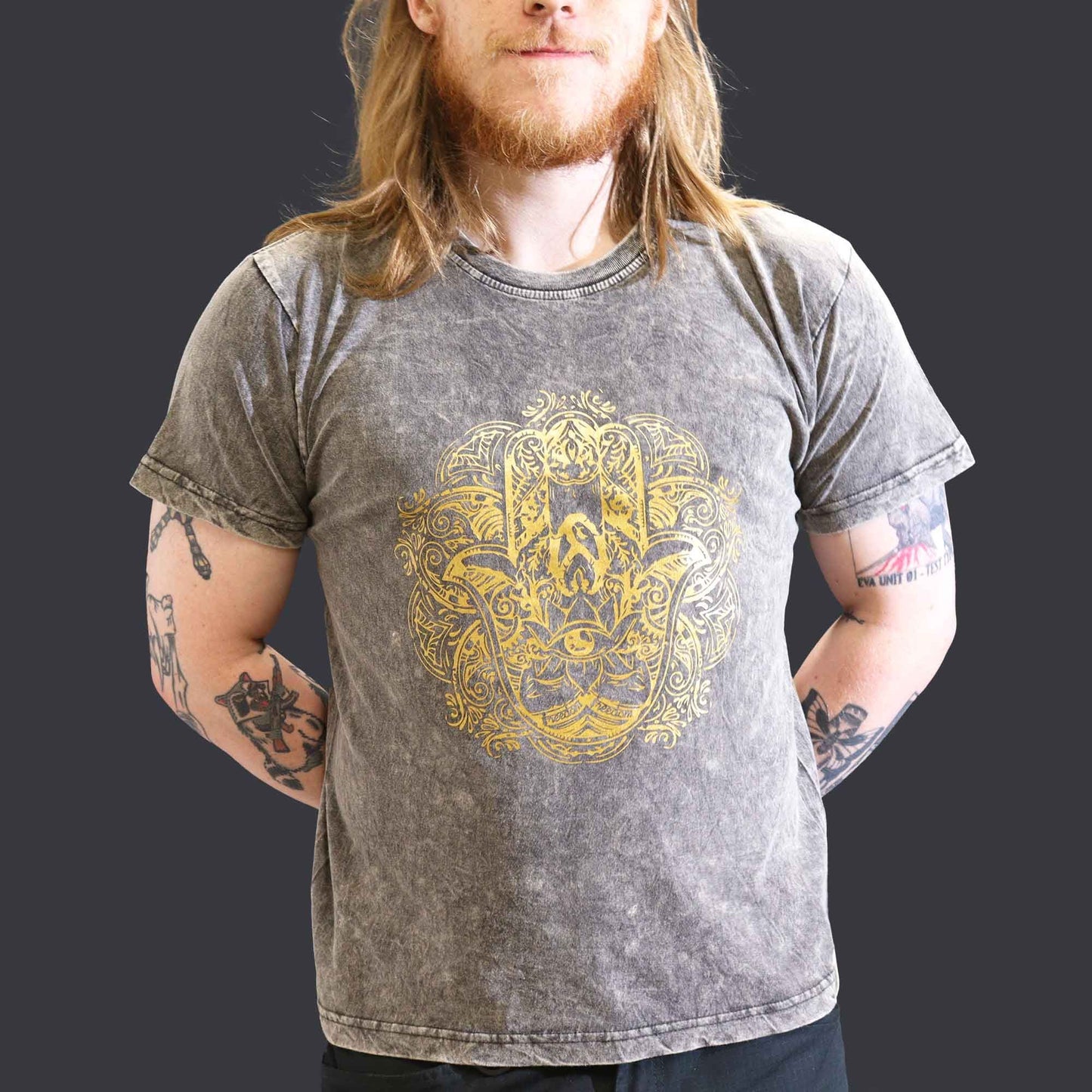 Large stone washed dark grey Hamsa spiritual t-shirt